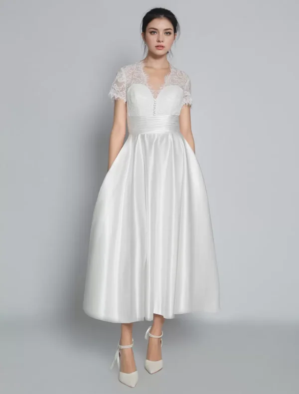 Elegant V-Neck Short Sleeves A-Line Tea-Length Bridal Dresses - Image 5