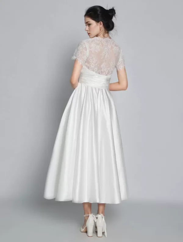 Elegant V-Neck Short Sleeves A-Line Tea-Length Bridal Dresses - Image 6