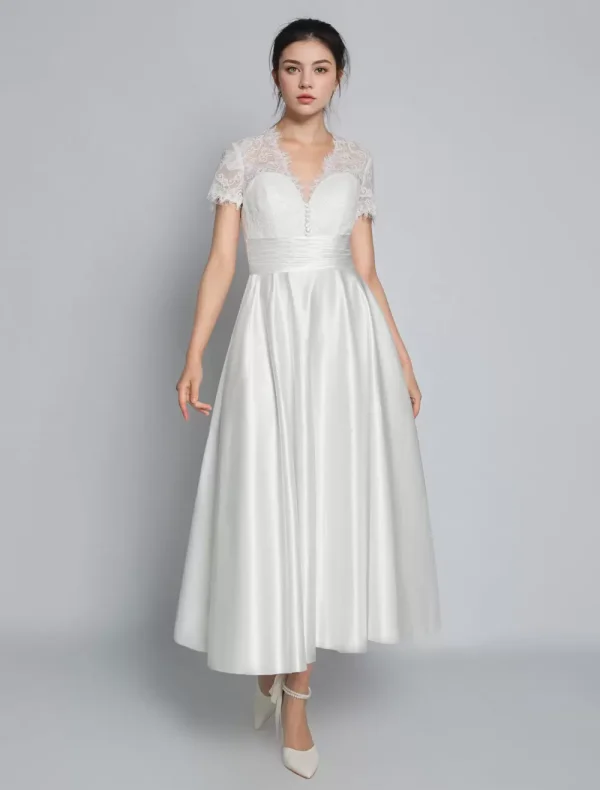 Elegant V-Neck Short Sleeves A-Line Tea-Length Bridal Dresses - Image 7
