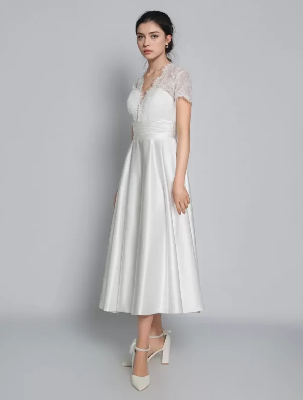Elegant V-Neck Short Sleeves A-Line Tea-Length Bridal Dresses - Image 8