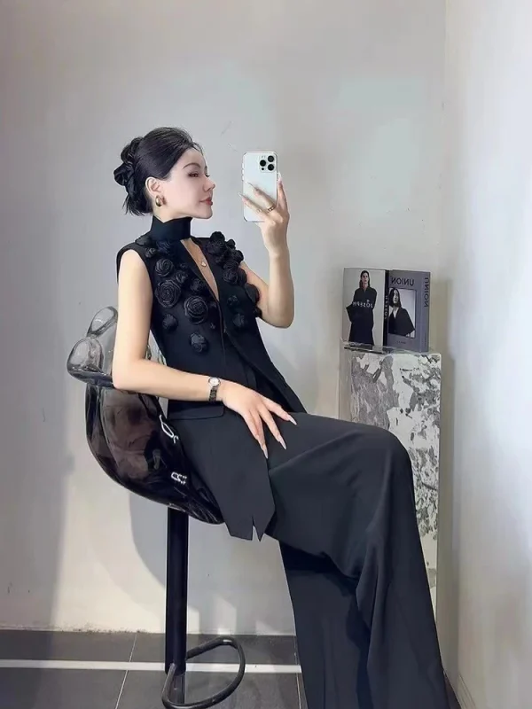 Elegant V-Neck Sleeveless Tunic Temperament Vests High Waist Pant Two Piece Set - Image 2