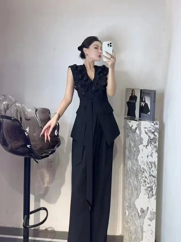 Elegant V-Neck Sleeveless Tunic Temperament Vests High Waist Pant Two Piece Set