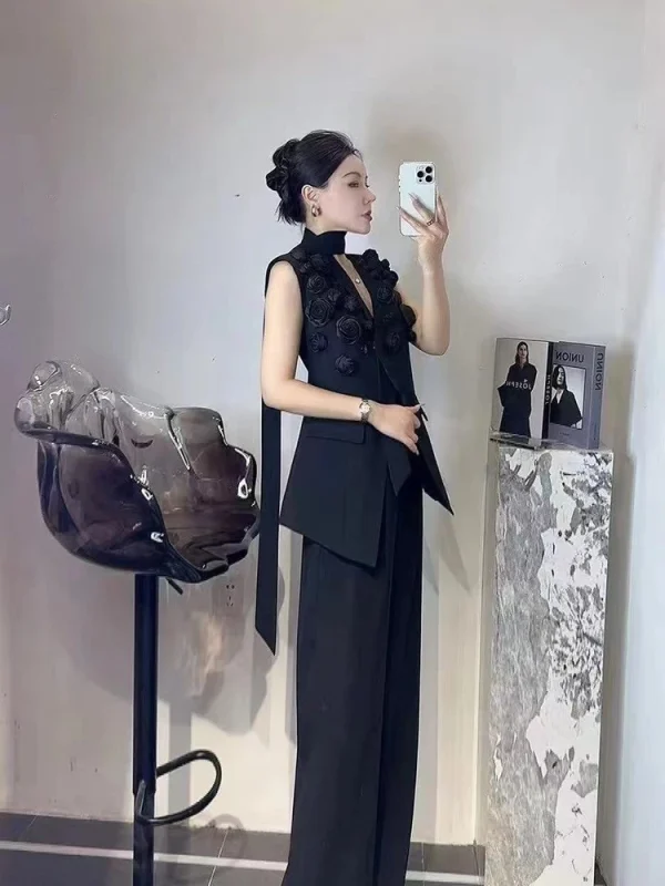 Elegant V-Neck Sleeveless Tunic Temperament Vests High Waist Pant Two Piece Set - Image 3