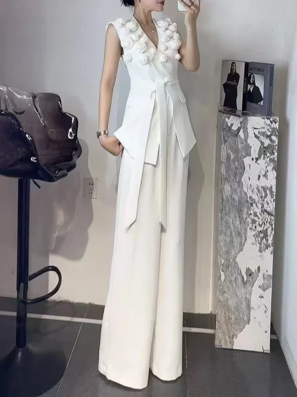 Elegant V-Neck Sleeveless Tunic Temperament Vests High Waist Pant Two Piece Set - Image 5