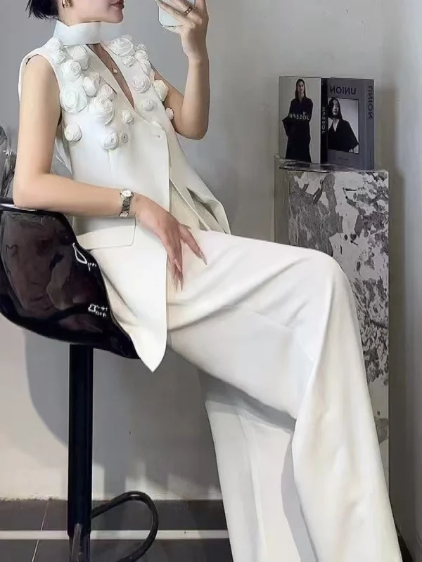 Elegant V-Neck Sleeveless Tunic Temperament Vests High Waist Pant Two Piece Set - Image 4