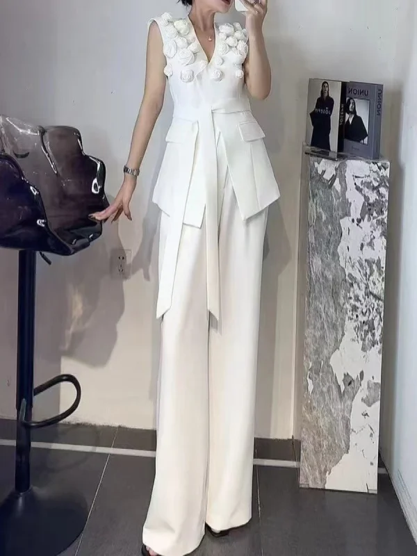 Elegant V-Neck Sleeveless Tunic Temperament Vests High Waist Pant Two Piece Set - Image 6