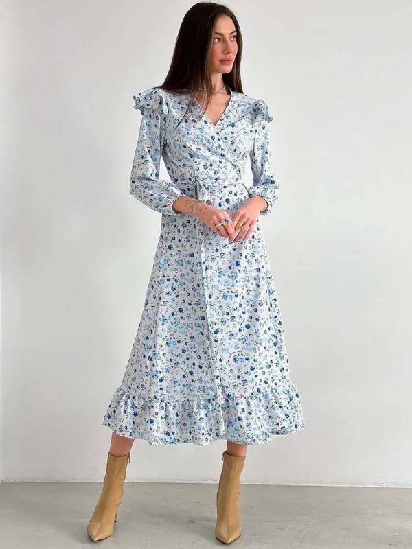 Elegant V-Neck Three Quarter Sleeve Ruffled Casual Loose Lace-Up Ruffled Dress