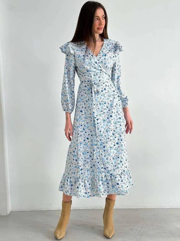Elegant V-Neck Three Quarter Sleeve Ruffled Casual Loose Lace-Up Ruffled Dress - Image 2