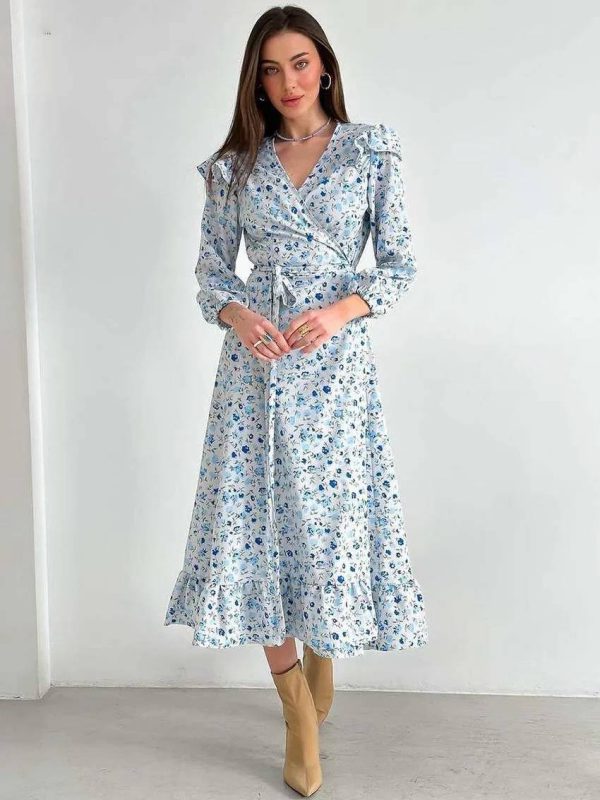 Elegant V-Neck Three Quarter Sleeve Ruffled Casual Loose Lace-Up Ruffled Dress - Image 4