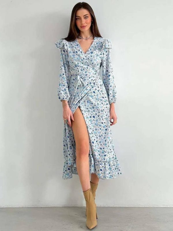 Elegant V-Neck Three Quarter Sleeve Ruffled Casual Loose Lace-Up Ruffled Dress - Image 6