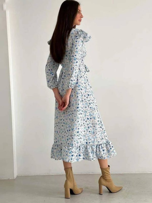 Elegant V-Neck Three Quarter Sleeve Ruffled Casual Loose Lace-Up Ruffled Dress - Image 7