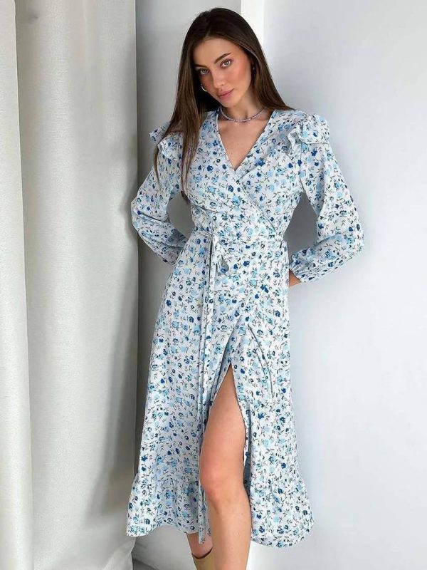 Elegant V-Neck Three Quarter Sleeve Ruffled Casual Loose Lace-Up Ruffled Dress - Image 8