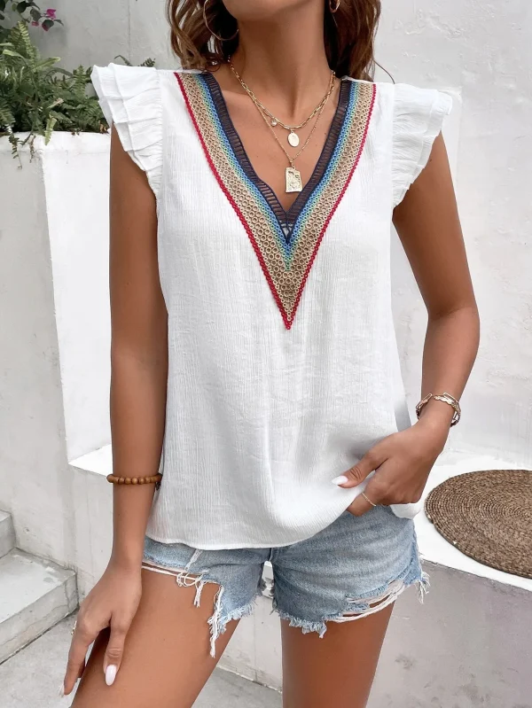 Elegant V-neck Splicing Lace Lotus Leaf Sleeve Daily Casual Tops
