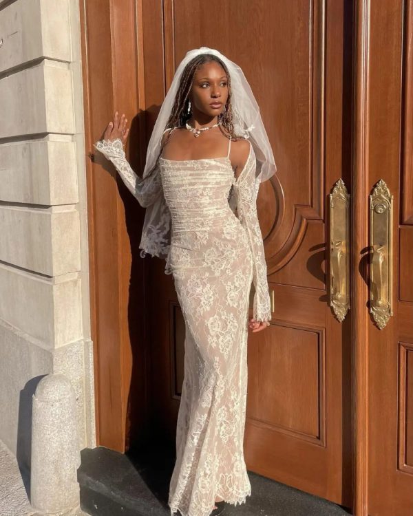 Elegant Vintage Hollow Out Lace Long Sleeve Cape 2 Piece Set Gown Slip  Maxi Dress - Image 7