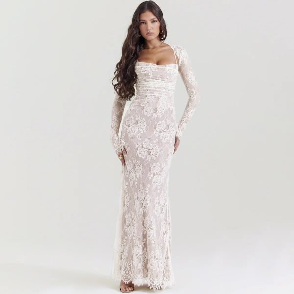 Elegant Vintage Hollow Out Lace Long Sleeve Cape 2 Piece Set Gown Slip  Maxi Dress - Image 6