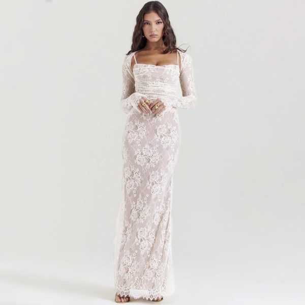 Elegant Vintage Hollow Out Lace Long Sleeve Cape 2 Piece Set Gown Slip  Maxi Dress - Image 5