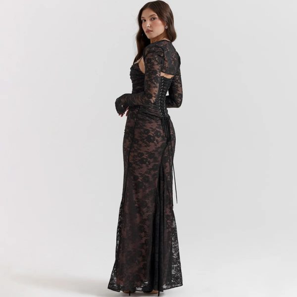 Elegant Vintage Hollow Out Lace Long Sleeve Cape 2 Piece Set Gown Slip  Maxi Dress - Image 2