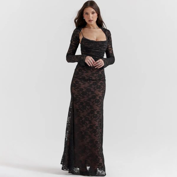 Elegant Vintage Hollow Out Lace Long Sleeve Cape 2 Piece Set Gown Slip  Maxi Dress - Image 3