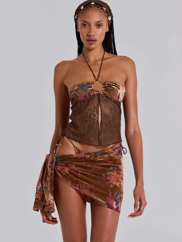 Elegant Weird Puss Halter Knit Patchwork Flower Print Three Piece Set - Image 4