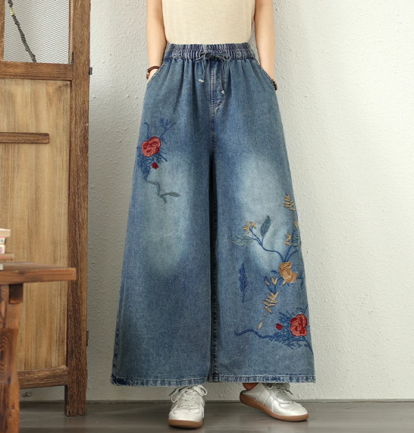 Embroidery Elastic Waist Plus Size Thin Denim Wide Leg Pants - Image 3