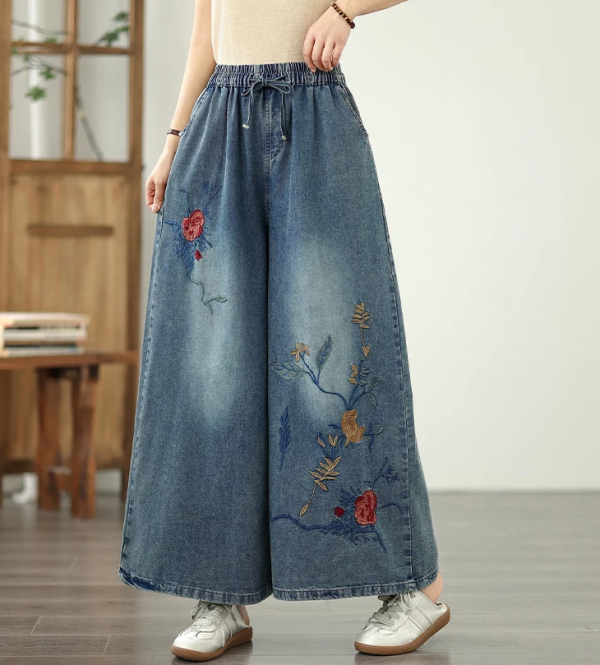 Embroidery Elastic Waist Plus Size Thin Denim Wide Leg Pants - Image 2