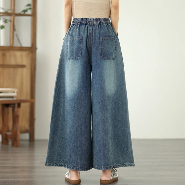 Embroidery Elastic Waist Plus Size Thin Denim Wide Leg Pants - Image 4