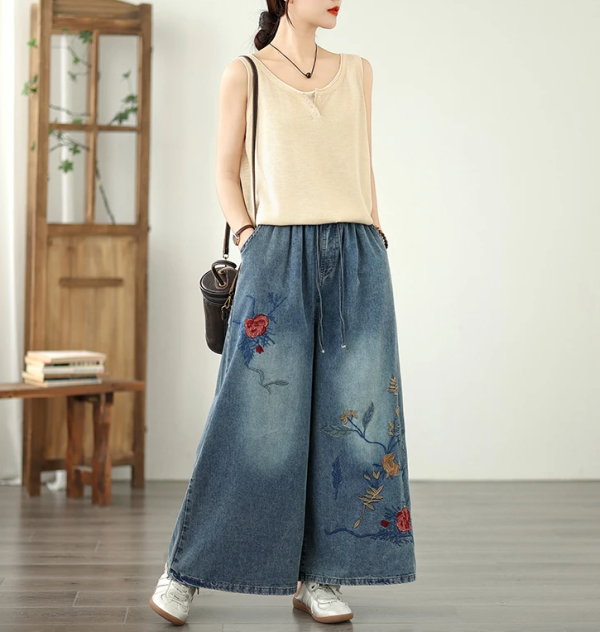 Embroidery Elastic Waist Plus Size Thin Denim Wide Leg Pants