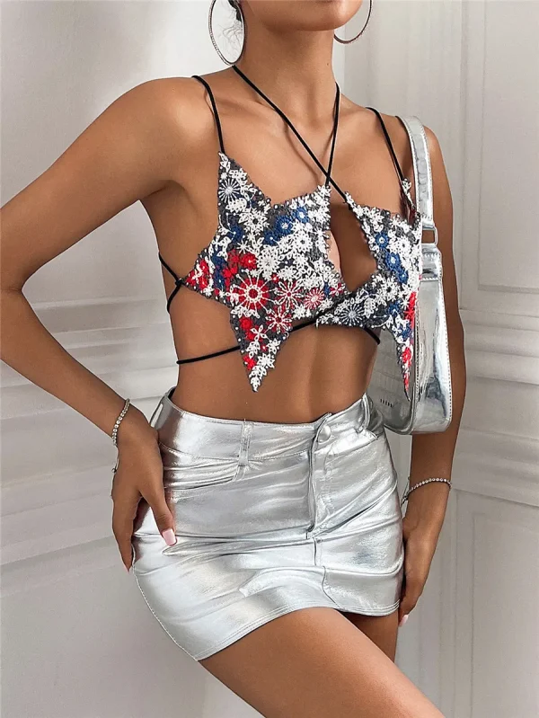 Embroidery Hook Flower Chic Stars Backless Bandage Tank Top - Image 4