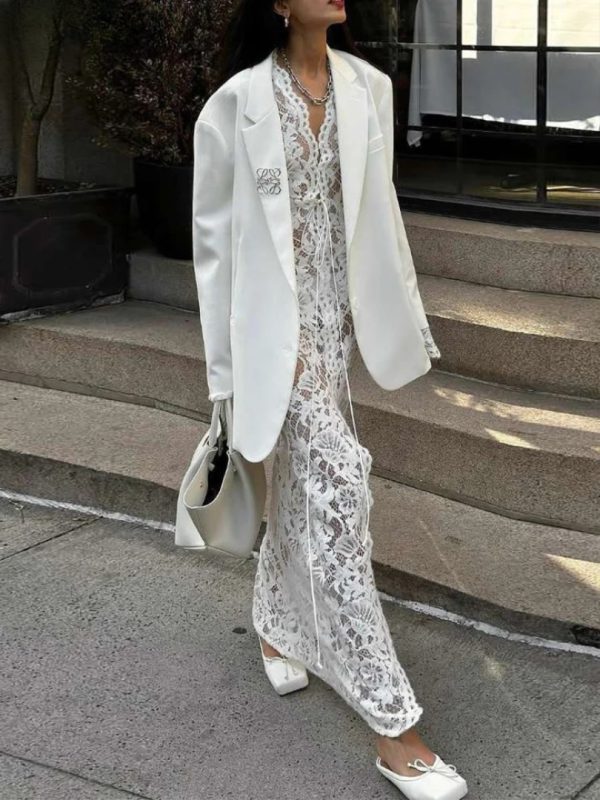 Embroidery Ruffles Deep V-Neck Slits See Through Tassel Petal Cuffs Dress - Image 2