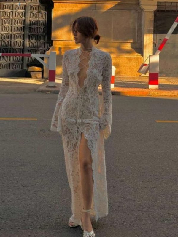 Embroidery Ruffles Deep V-Neck Slits See Through Tassel Petal Cuffs Dress