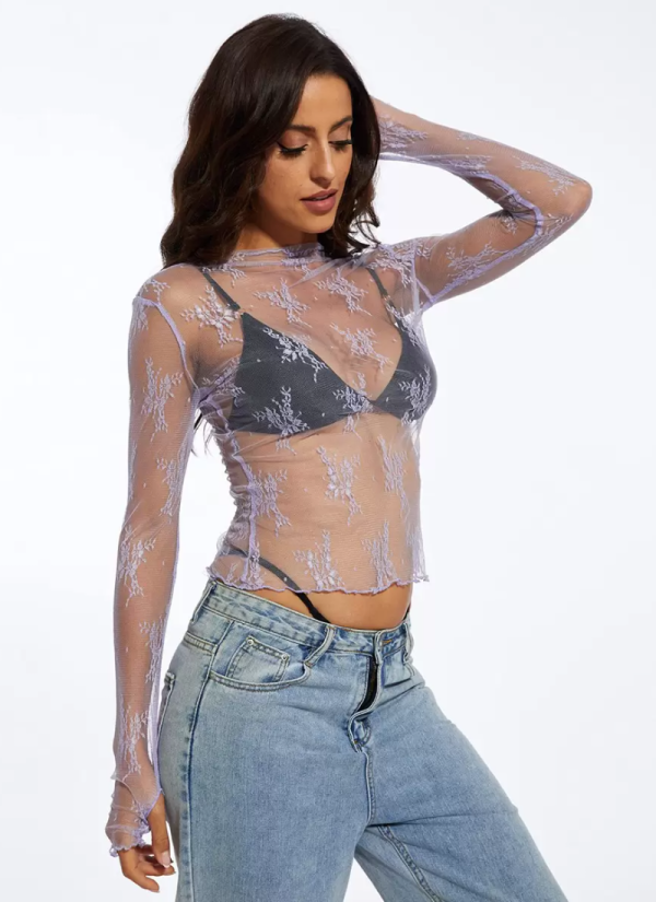 Erotic Fashion Lace Long Sleeves Tees Jewel Neck Beautiful T-Shirt - Image 7