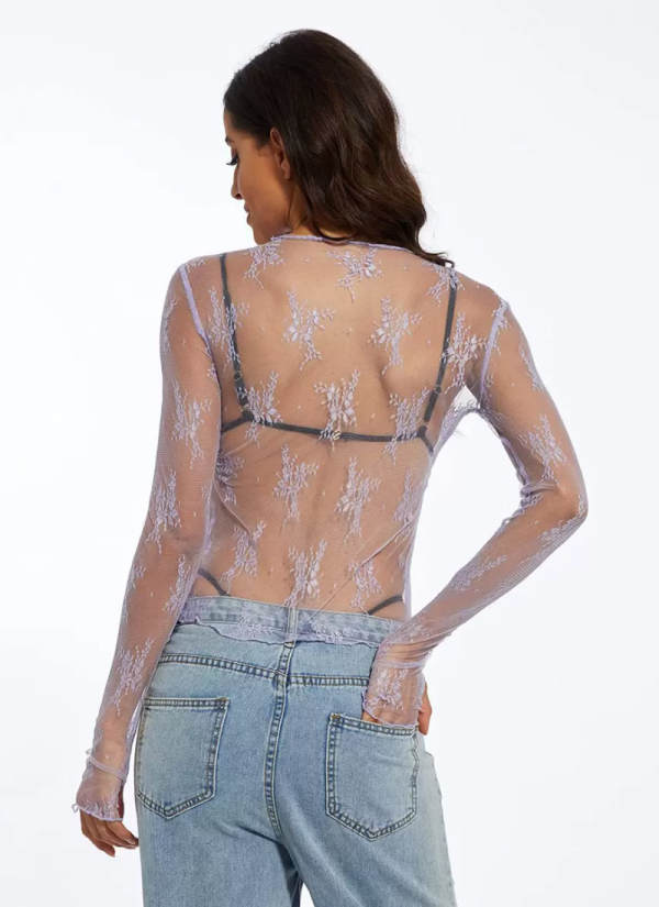 Erotic Fashion Lace Long Sleeves Tees Jewel Neck Beautiful T-Shirt - Image 6