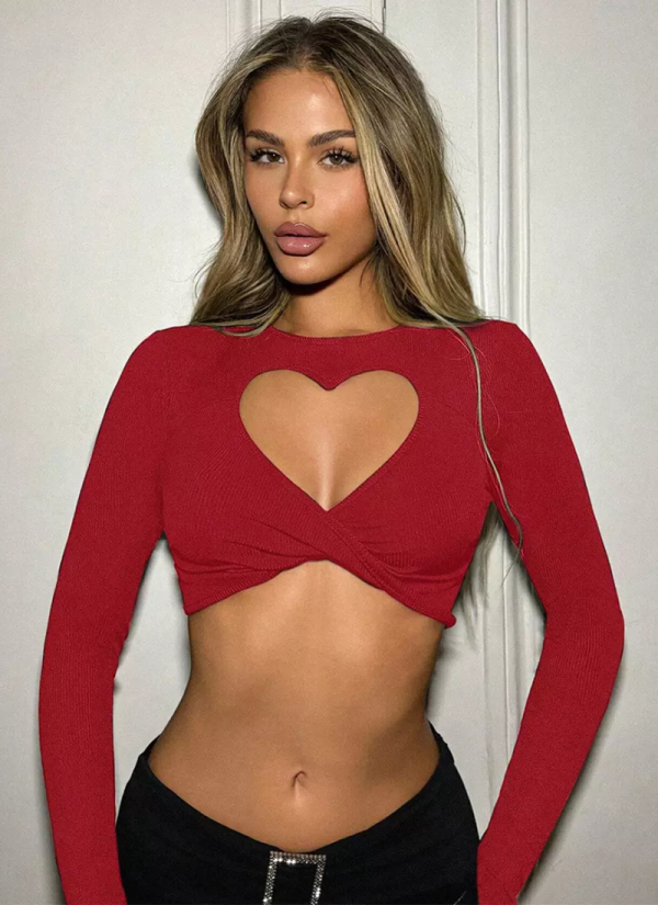 Erotic Fashion Long Sleeves Tees Cut Out Jewel Neck T-Shirt