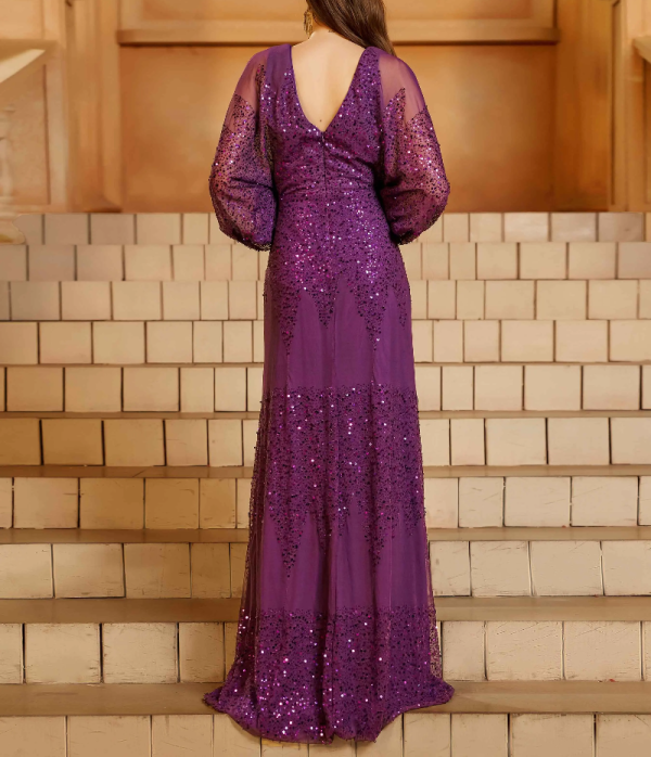 Erotic V Neck Long Sleeved A Line Formal Occasion Graduation Perform Maxi Dress - Image 5