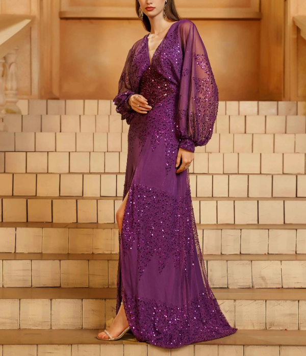 Erotic V Neck Long Sleeved A Line Formal Occasion Graduation Perform Maxi Dress - Image 4