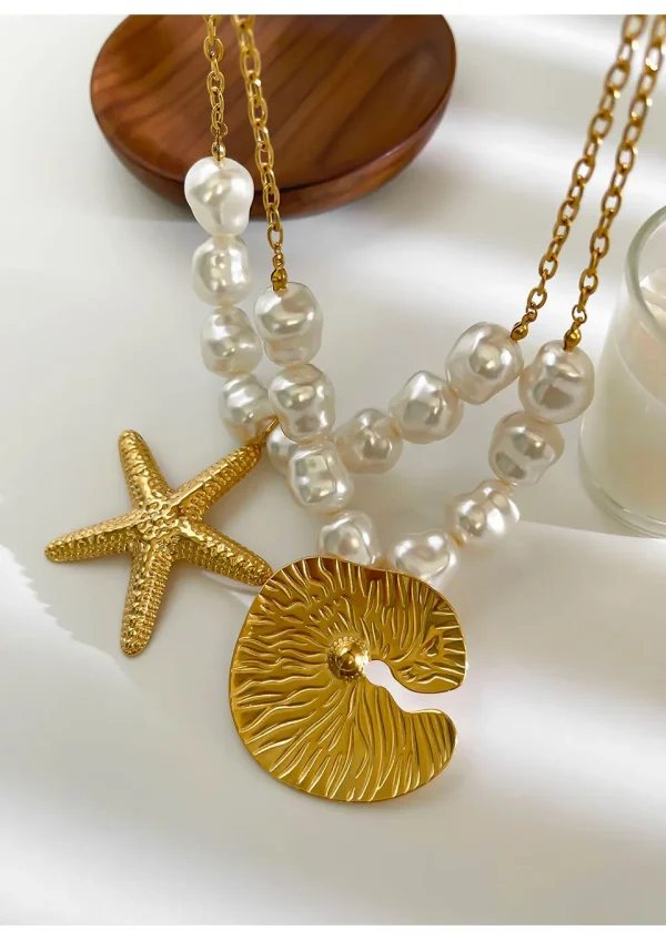 Exaggerated Punk Big Starfish Irregular Imitation Baroque Pearl Clavicle Chain Round Pendant Necklace 2pcs Set - Image 5