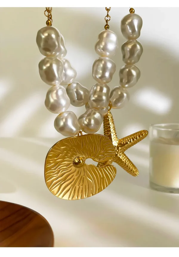 Exaggerated Punk Big Starfish Irregular Imitation Baroque Pearl Clavicle Chain Round Pendant Necklace 2pcs Set - Image 4