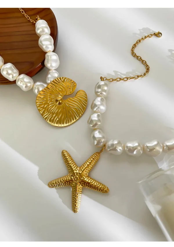 Exaggerated Punk Big Starfish Irregular Imitation Baroque Pearl Clavicle Chain Round Pendant Necklace 2pcs Set - Image 3