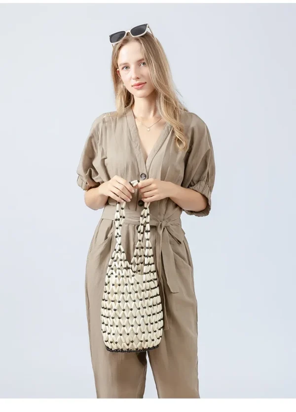 Exquisite Design Hollow-out Wooden Bead Tote Bucket Woven Hand Shoulder Bag - Image 4