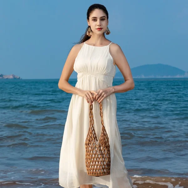 Exquisite Design Hollow-out Wooden Bead Tote Bucket Woven Hand Shoulder Bag - Image 3