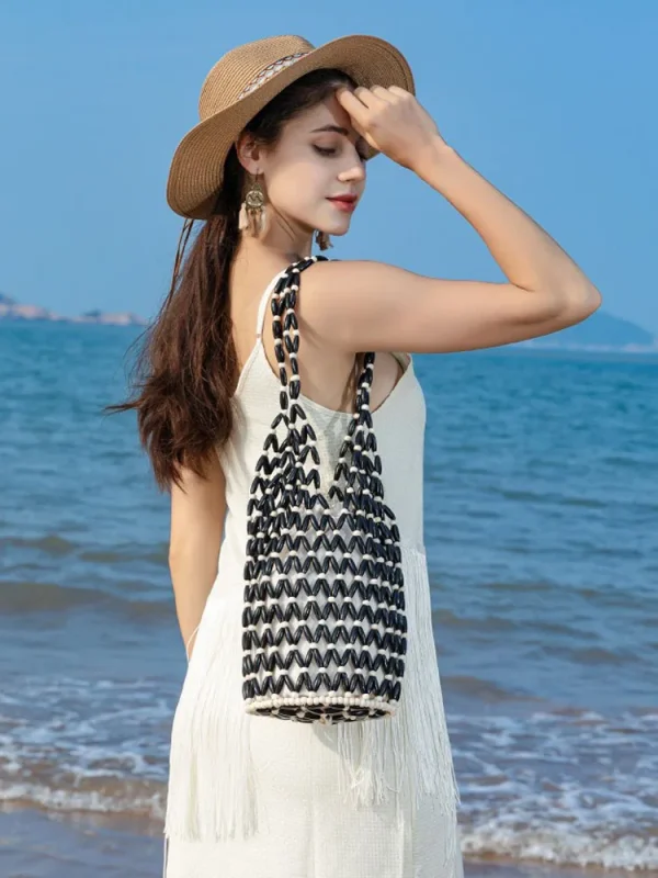 Exquisite Design Hollow-out Wooden Bead Tote Bucket Woven Hand Shoulder Bag - Image 2