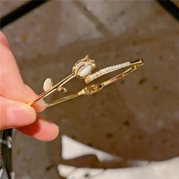 Exquisite Geometric Shiny Zircon Flower Bangle Party Opal Tulip Banquet Charm Bracelet - Image 2