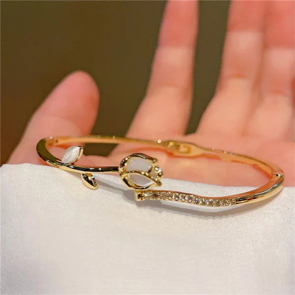 Exquisite Geometric Shiny Zircon Flower Bangle Party Opal Tulip Banquet Charm Bracelet - Image 3