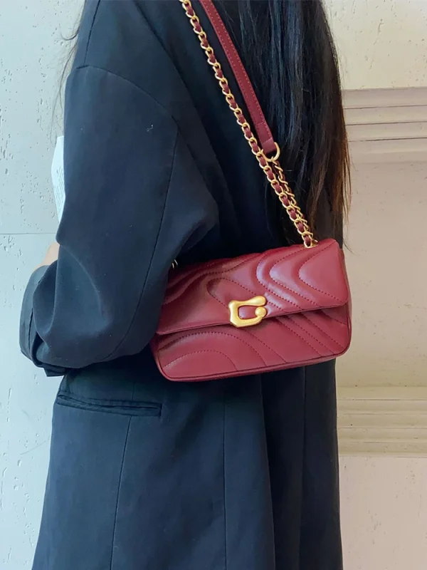 Exquisite Solid Genuine Leather Embroidered Chain Versatile Crossbody Shoulder Bag