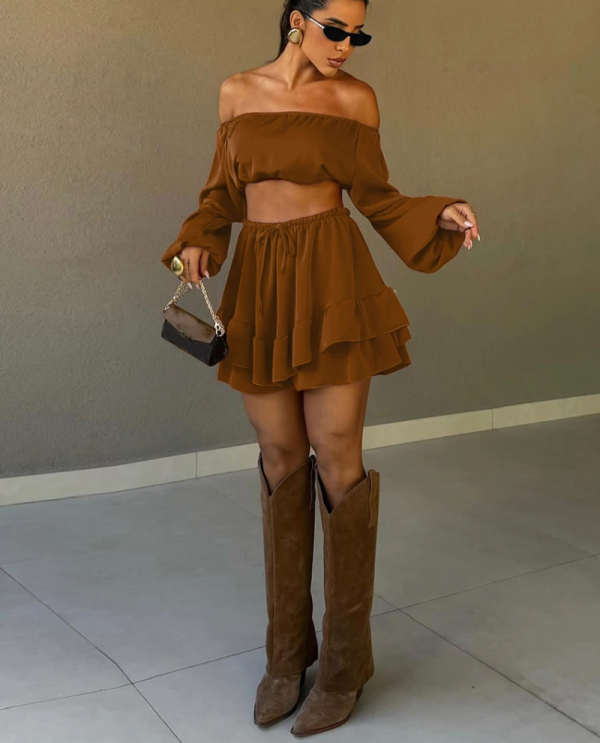 Fashion Loose Long Sleeve Crop Top With High Waist Pleated Mini Skirt Set