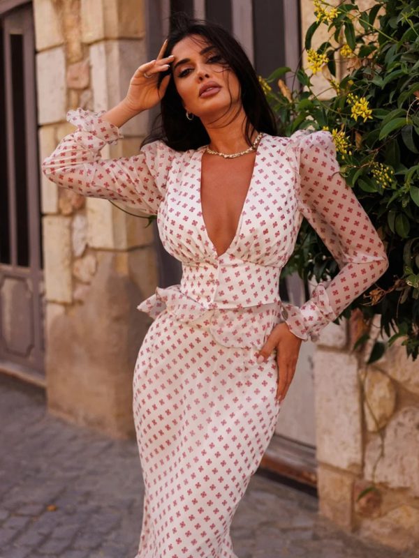 Fashion Slim Print Long Sleeve Crop Top With High Waist Long Skirt Set - Image 3