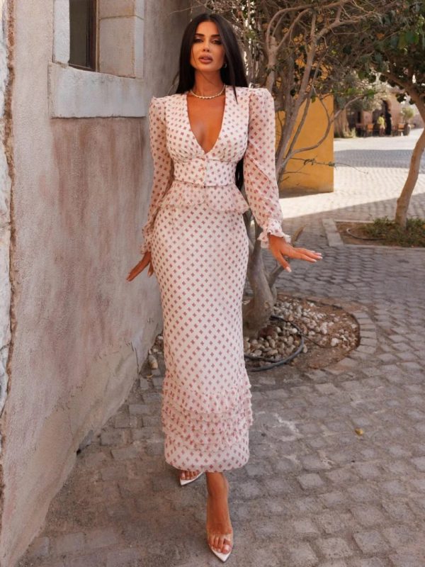 Fashion Slim Print Long Sleeve Crop Top With High Waist Long Skirt Set