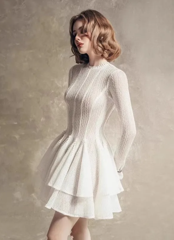 Fashion Solid Hollow Out Slimming O Neck Long Sleeve High Waist Temperament Dresses - Image 5
