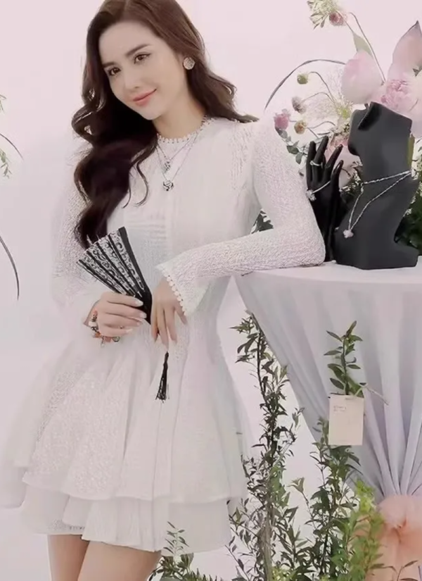 Fashion Solid Hollow Out Slimming O Neck Long Sleeve High Waist Temperament Dresses - Image 4
