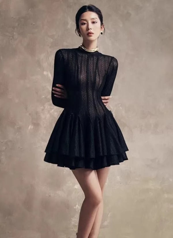 Fashion Solid Hollow Out Slimming O Neck Long Sleeve High Waist Temperament Dresses - Image 2